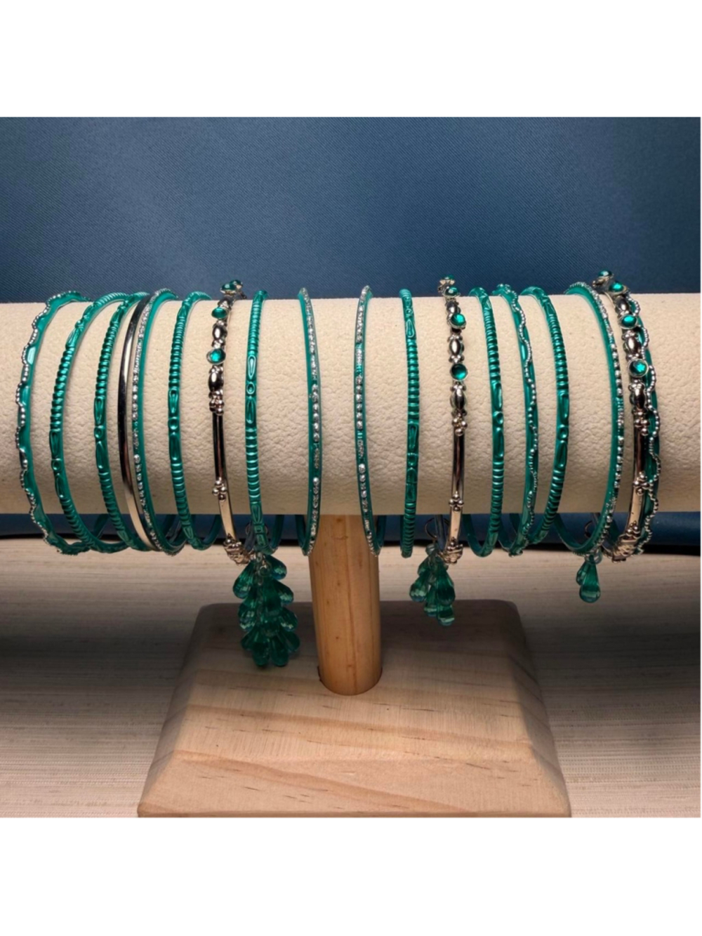 Small silver and green bangles, set of 18